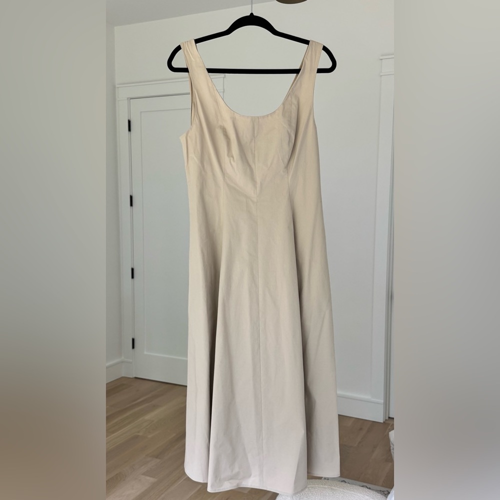 Vince Womens Beige Cotton Blend Below Knee Scoop Neck Midi Dress sz M